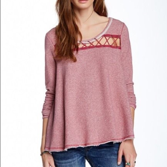 NWOT Free People Laced Cutout Striped Long Sleeve Top / Sweatshirt - Picture 2 of 10